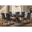 Conjunto: Mesa de Cozinha Imperatriz Tampo Madeirado c/ Vidro Reto 180x90 e 6 Cadeiras Amsterdã Imbuia/Grafite - Linho Grafite - Rufato
