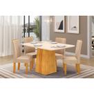 Conjunto: Mesa de Cozinha Italia c/ Tampo Madeirado c/ Vidro 120x90cm e 4 Cadeiras Zoe Freijo/Off White - Suede Creme - DJ Móveis