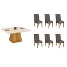 Conjunto: Mesa de Cozinha Itália c/ Tampo Madeirado c/ Vidro Curvo 136x136cm e 6 Cadeiras Jade Cedro/Off White - Suede Lunar - DJ Móveis Conjunto: Mesa de Cozinha Itália c/ Tampo Madeirado c/ Vidro Curvo 136x136cm e 6 Cadeiras Jade Cedro/Off White - Suede Lunar - DJ Móveis