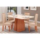 Conjunto: Mesa de Cozinha Italia Tampo Madeirado c/ Vidro Curvo 170x90cm e 4 Cadeiras Zoe Freijo/Off White - Suede Creme - DJ Móveis