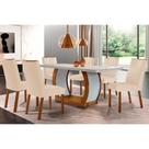 Conjunto: Mesa de Cozinha Jade Tampo Madeirado c/ Vidro Canto Curvo 180x90 e 6 Cadeiras Jade Imbuia/Suede Creme - Rufato Conjunto: Mesa de Cozinha Jade Tampo Madeirado c/ Vidro Canto Curvo 180x90 e 6 Cadeiras Jade Imbuia/Suede Creme - Rufato