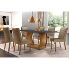 Conjunto: Mesa de Cozinha Jade Tampo Madeirado c/ Vidro Canto Curvo 180x90 e 6 Cadeiras Londrina Imbuia/Grafite - Suede Capuccino - Rufato