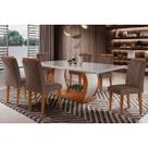Conjunto: Mesa de Cozinha Jade Tampo Madeirado c/ Vidro Curvo 180x90 e 6 Cadeiras Amsterdã Imbuia/Suede Capuccino - Rufato