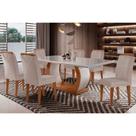 Conjunto: Mesa de Cozinha Jade Tampo Madeirado c/ Vidro Curvo 180x90 e 6 Cadeiras Amsterdã Imbuia/Suede Creme - Rufato