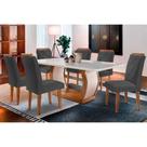 Conjunto: Mesa de Cozinha Jade Tampo Madeirado c/ Vidro Curvo 180x90 e 6 Cadeiras Melissa Capuccino/Suede Grafite - Rufato