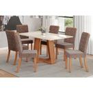 Conjunto: Mesa de Cozinha Lins c/ Tampo Madeirado c/ Vidro 160x90cm e 6 Cadeiras Esther Nature/Linho Cacao - Henn