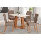 Conjunto: Mesa de Cozinha Lins c/ Tampo Madeirado c/ Vidro Curvo 120x80cm e 4 Cadeiras Malu Nature/Suede Light Marrom Amendoa - Henn