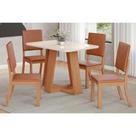 Conjunto: Mesa de Cozinha Lins c/ Tampo Madeirado c/ Vidro Curvo 120x80cm e 4 Cadeiras Milla Plus Nature/Courano/Caramelo - Henn