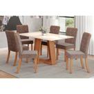 Conjunto: Mesa de Cozinha Lins c/ Tampo Madeirado Reto 160x90cm e 6 Cadeiras Esther Nature/Linho Cacao - Henn