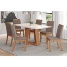 Conjunto: Mesa de Cozinha Lins SC91 Tampo Madeirado c/ Vidro Canto Reto 120x80cm e 6 Cadeiras Isa Nature/Suede Light Bege - Henn
