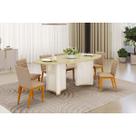 Conjunto: Mesa de Cozinha Liz c/ Tampo Madeirado c/ Vidro Oval 218x108cm e 6 Cadeiras Sofia Off White/Dourado - Ipe/Linho Bege - DJ Móveis
