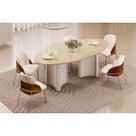 Conjunto: Mesa de Cozinha Liz c/ Tampo Madeirado c/ Vidro Oval 218x108cm e 6 Cadeiras Vitta Off White/Dourado - Boucle Perola/Terracota - DJ Móveis