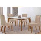 Conjunto: Mesa de Cozinha Londrina c/ Tampo Madeirado c/ Vidro Canto Curvo 120x80cm 4 Cadeiras Maldivas Naturale/Off White - Suede Creme - Rufato