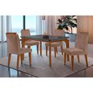 Conjunto: Mesa de Cozinha Londrina c/ Tampo Madeirado c/ Vidro Canto Curvo 120x80cm e 4 cadeiras Amsterdã Imbuia/Grafite - Suede Capuccino - Rufato