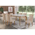 Conjunto: Mesa de Cozinha Londrina c/ Tampo Madeirado c/ Vidro Canto Curvo 180x90cm e 6 Cadeiras Maldivas Naturale/Off White - Suede Creme - Rufato