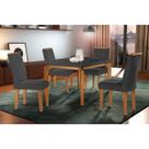 Conjunto: Mesa de Cozinha Londrina c/ Tampo Madeirado c/ Vidro Canto Reto 120x80cm e 4 cadeiras Amsterdã Imbuia/Grafite - Suede Grafite - Rufato