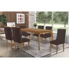 Conjunto: Mesa de Cozinha Londrina c/ Tampo Madeirado Canto Curvo 180x90cm e 6 Cadeiras Pietá Naturale - Suede Marrom - Rufato