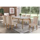 Conjunto: Mesa de Cozinha Londrina Tampo c/ Vidro Curvo 180cm+6 Cadeiras Maldivas Madeira Naturale/Off White - Capuccino/Linho Bege - Rufato