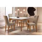 Conjunto: Mesa de Cozinha Londrina Tampo Madeirado c/ Vidro 120x80cm e 4 Cadeiras Jade Capuccino/Linho Bege Turim - Rufato