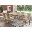 Conjunto: Mesa de Cozinha Londrina Tampo Madeirado c/ Vidro 180x90cm e 6 Cadeiras Jade Capuccino/Linho Bege Turim - Rufato