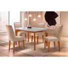Conjunto: Mesa de Cozinha Londrina Tampo Madeirado c/ Vidro Curvo 120x80cm e 4 Cadeiras Londrina Capuccino/Linho Bege Turim - Rufato