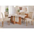 Conjunto: Mesa de Cozinha Louise Tampo Madeirado c/ Vidro 180x90cm e 6 Cadeiras Fernanda Cinamomo/Off White - Nature-Madeirado/Suede Nu - Cimol