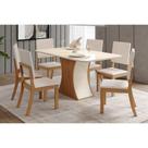 Conjunto: Mesa de Cozinha Luiza c/ Tampo Curvo Madeirado c/ Vidro 160x80cm e 6 Cadeiras Milla Nature/Linho - Henn
