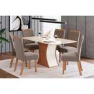 Conjunto: Mesa de Cozinha Luiza Tampo Madeirado c/ Vidro 160x90cm e 6 Cadeiras Bella Nature/Suede Light Marrom Amendoa - Henn
