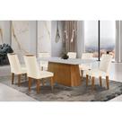 Conjunto: Mesa de Cozinha Luna c/ Tampo de Vidro Canto Curvo 180x90cm e 6 cadeiras Jade Imbuia/Off White - Suede Creme - Rufato