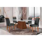 Conjunto: Mesa de Cozinha Luna c/ Tampo Madeirado c/ Vidro Canto Curvo 120x80cm e 4 cadeiras Londrina Imbuia/Off White - Suede Grafite - Rufato
