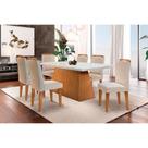 Conjunto: Mesa de Cozinha Luna c/ Tampo Madeirado c/ Vidro Canto Reto 180cm e 6 Cadeiras Athenas Imbuia-Capuccino/Suede Creme - Rufato