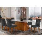 Conjunto: Mesa de Cozinha Luna Tampo Madeirado c/ Vidro Canto Curvo 180x90 e 6 Cadeiras Amsterdã Imbuia/Off White - Linho Grafite - Rufato