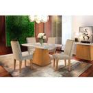 Conjunto: Mesa de Cozinha Luna Tampo Madeirado c/ Vidro Canto Reto 120x80cm e 4 Cadeiras Lunara Capuccino/Suede Capuccino - Rufato