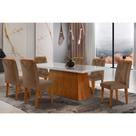 Conjunto: Mesa de Cozinha Luna Tampo Madeirado c/ Vidro Reto 180x90 e 6 Cadeiras Amsterdã Imbuia/Suede Capuccino - Rufato