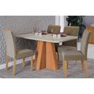 Conjunto: Mesa de Cozinha Maitê Tampo Madeirado c/ Vidro 130x80cm e 4 Cadeiras Fernanda Cinamomo/Off White - Carvalho/Suede Joli Capuccino - Cimol