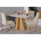 Conjunto: Mesa de Cozinha Maitê Tampo Madeirado c/ Vidro 130x80cm e 4 Cadeiras Fernanda Nature/Off White - Carvalho/Suede Nude Bege - Cimol
