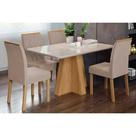 Conjunto: Mesa de Cozinha Maitê Tampo Madeirado c/ Vidro 130x80cm e 4 Cadeiras Juliana Nature/Off White - Carvalho/Linho Bege - Cimol