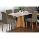 Conjunto: Mesa de Cozinha Maitê Tampo Madeirado c/ Vidro 130x80cm e 4 Cadeiras Juliana Nature/Off White - Carvalho/Suede Joli Capuccino - Cimol