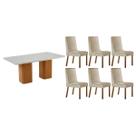 Conjunto: Mesa de Cozinha Maldivas c/ Tampo Madeirado c/ Vidro Canto Curvo 180X90cm e 6 Cadeiras Dakota Naturale/Off White - Suede Creme - Rufato
