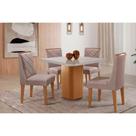 Conjunto: Mesa de Cozinha Maldivas c/ Tampo Madeirado c/ Vidro Canto Curvo 90x90cm e 4 Cadeiras Pietá Naturale/Off White - Linho Capuccino - Rufato