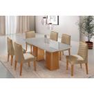 Conjunto: Mesa de Cozinha Maldivas Tampo c/ Vidro Curvo 180cm+6 Cadeiras Maldivas Madeira Naturale/Off White - Capuccino/Linho Bege - Rufato