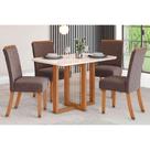 Conjunto: Mesa de Cozinha Natalí c/ Tampo Madeirado c/ Vidro Curvo 120x80cm e 4 Cadeiras Malu Nature/Suede Light Marrom Amendoa - Henn