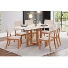 Conjunto: Mesa de Cozinha Natalí c/ Tampo Madeirado c/ Vidro Curvo 160x80cm e 6 Cadeiras Milla Nature/Suede Light Linho - Henn Conjunto: Mesa de Cozinha Natalí c/ Tampo Madeirado c/ Vidro Curvo 160x80cm e 6 Cadeiras Milla Nature/Suede Light Linho - Henn