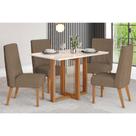 Conjunto: Mesa de Cozinha Natalí c/ Tampo Madeirado c/ Vidro Reto 120x80cm e 4 Cadeiras Eloa Nature/Suede Light Marrom Amêndoa - Henn