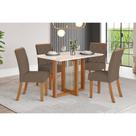 Conjunto: Mesa de Cozinha Natalí c/ Tampo Madeirado c/ Vidro Reto 120x80cm e 4 Cadeiras Vita Nature/Suede Light Bege - Henn