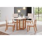 Conjunto: Mesa de Cozinha Natalí c/ Tampo Madeirado Reto s/ Vidro 120x80cm e 4 Cadeiras Milla Nature/Off White - Linho Bege - Henn