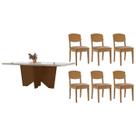 Conjunto: Mesa de Cozinha Nevada c/ Tampo Madeirado c/ Vidro Canto Curvo 180x90cm e 6 Cadeiras Havana Naturale/Off White - Linho Capuccino - Rufato