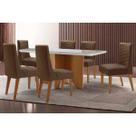Conjunto: Mesa de Cozinha Nevada c/ Tampo Madeirado c/ Vidro Canto Curvo 180x90cm e 6 Cadeiras Maldivas Naturale/Off White - Suede Marrom - Rufato