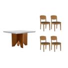 Conjunto: Mesa de Cozinha Nevada c/ Tampo Madeirado c/ Vidro Canto Curvo 90x90cm e 4 Cadeiras Havana Naturale/Off White - Suede Marrom - Rufato