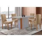 Conjunto: Mesa de Cozinha Pietá c/ Tampo Madeirado c/ Vidro Canto Curvo 120x80cm e 4 Cadeiras Dafne Naturale/Off White - Linho Bege - Rufato